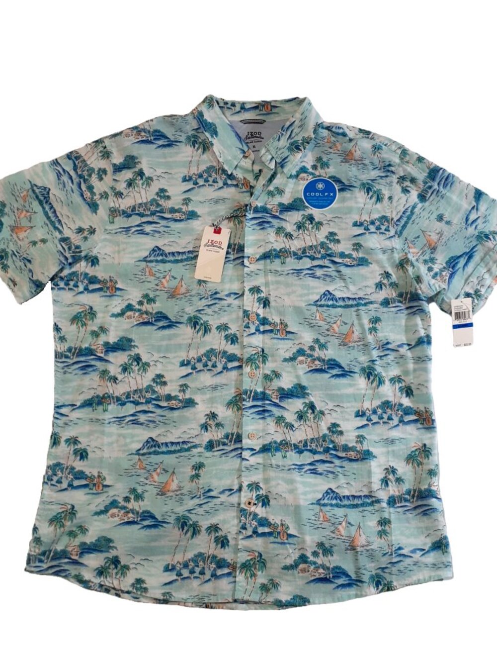 Izod Saltwater Shirt Men XL Blue Tropical Hawaiian Hula Button Short Sleeve NWT